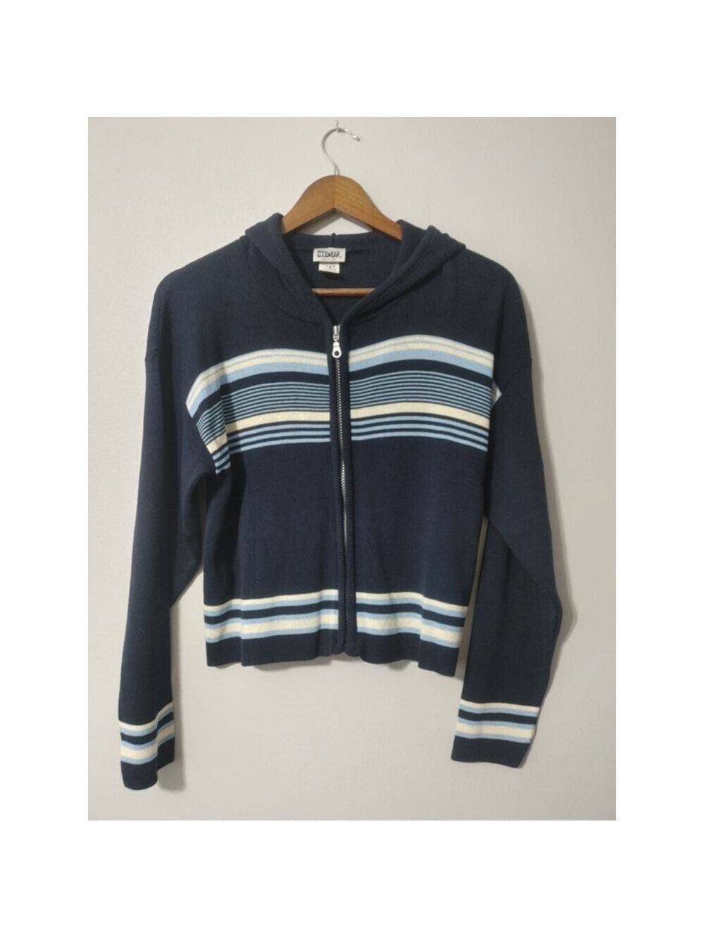 Women's COOLWEAR Navy Blue Striped Full-Zip Hooded Lightweight Cardigan M